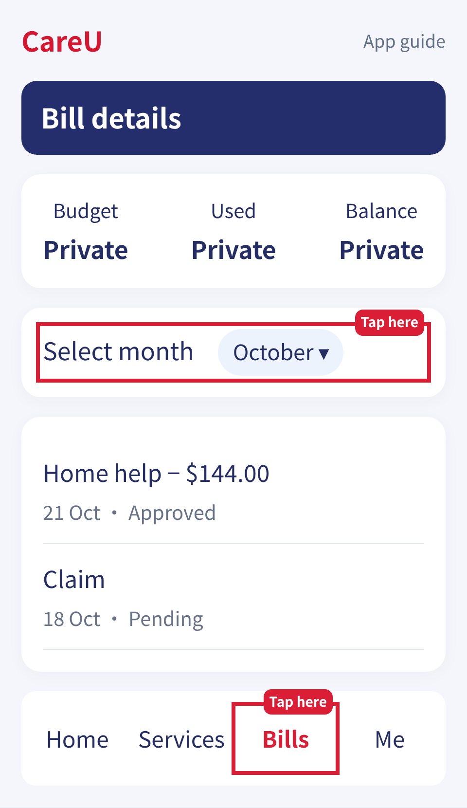 Filter by month and read the list of expenses.