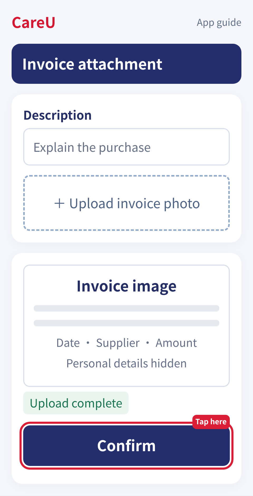Upload an invoice and confirm the attachment.