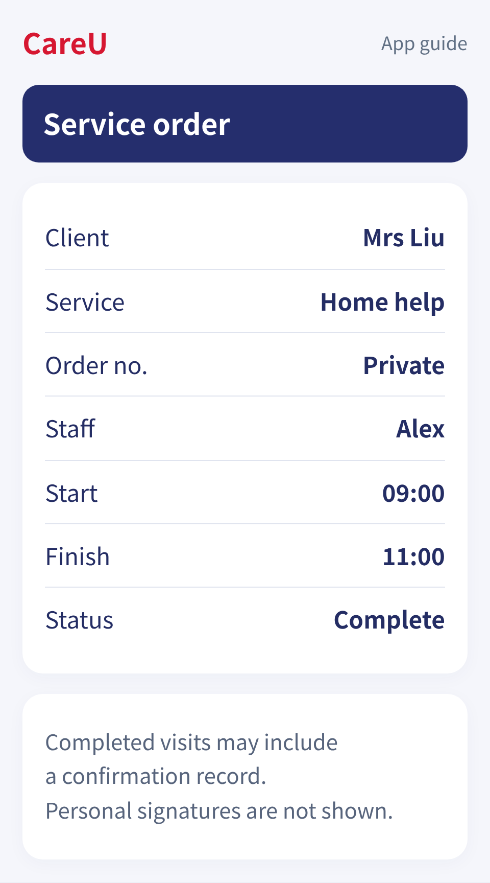 Review visit details and the recorded time.