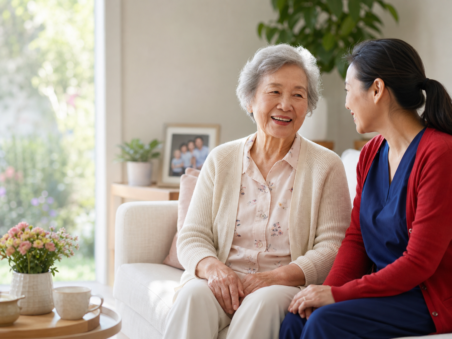 An older Chinese-Australian woman smiling with her CareU home-care worker
