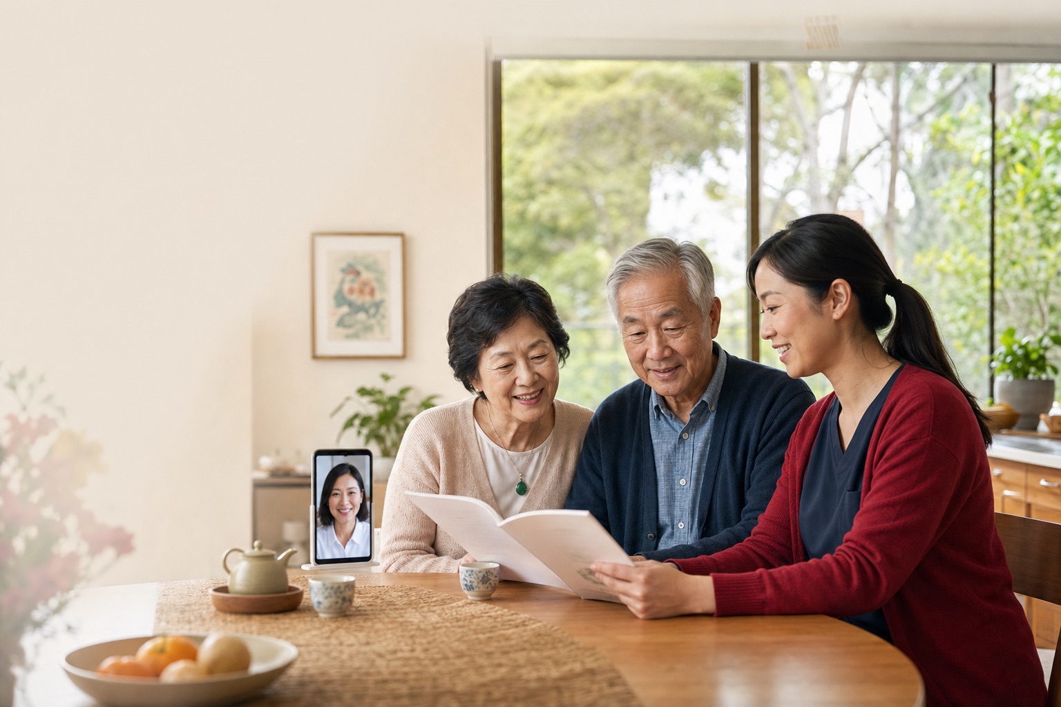 A Chinese-Australian couple discussing their home care plan with a bilingual CareU care worker